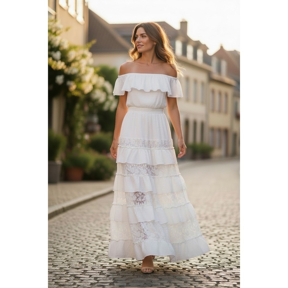 Boston‎ Proper Medium Lace Inset Off The Shoulder Blouson White Maxi Dress